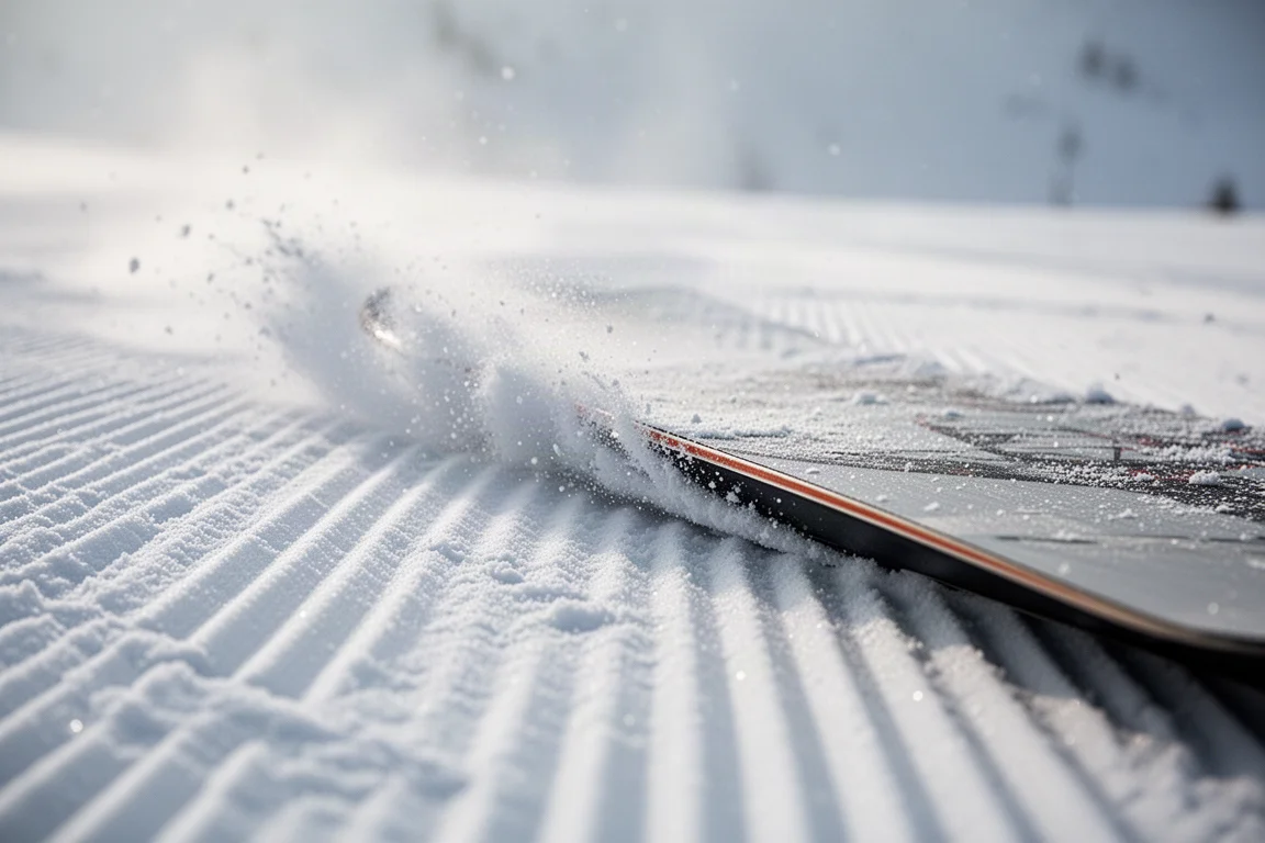 Close-up van een snowboardrand die zich vastbijt in geprepareerde sneeuw tijdens het carven