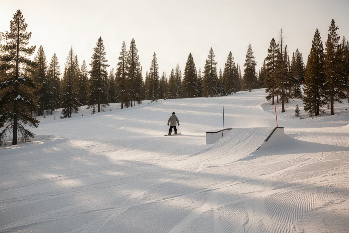 Snowboarder nadert een kleine park side hit in een resort in het late namiddaglicht
