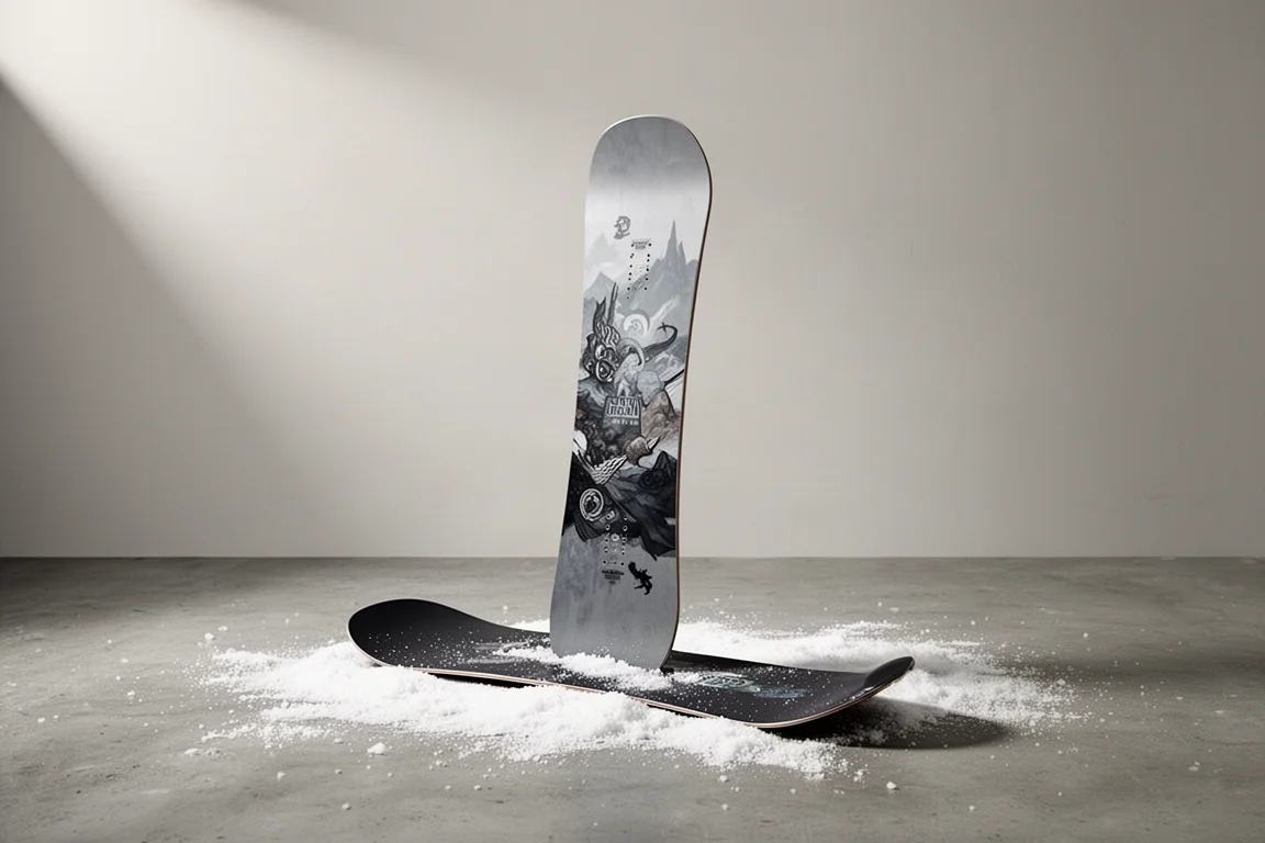 Freestyle snowboard with flat mid-section and rockered tips standing on snow-dusted concrete