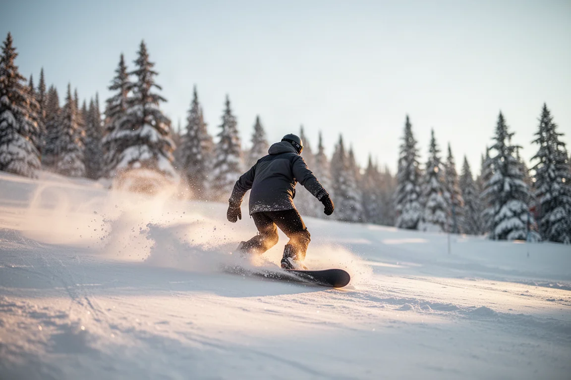 Snowboarder che intaglia curve nella neve fresca profonda su una pista alpina aperta con luce bassa