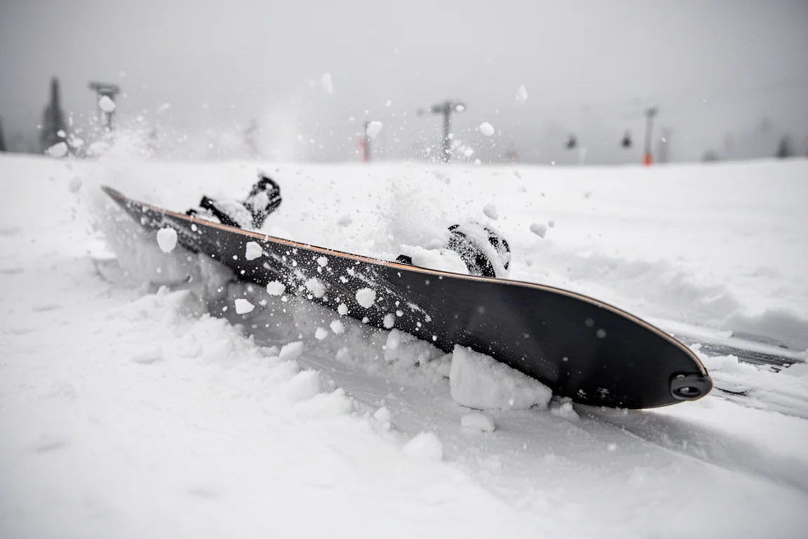 Il cantello dello snowboard che taglia neve sminuzzata e solcata su una pista del comprensorio