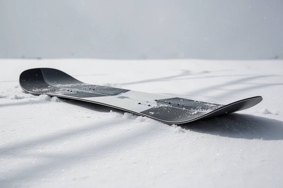 Primo piano del profilo di uno snowboard con la punta rocker appoggiata sulla neve compatta