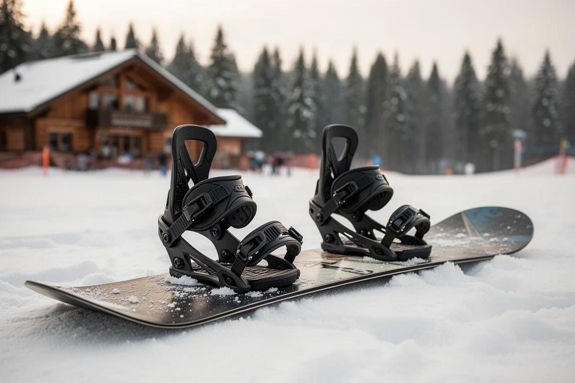 Attacchi da snowboard montati su una tavola larga appoggiata sulla neve compatta in un comprensorio