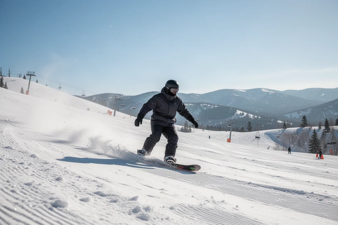 Snowboarder deslizándose por una pista pisada de la estación bajo cielos azules de primavera