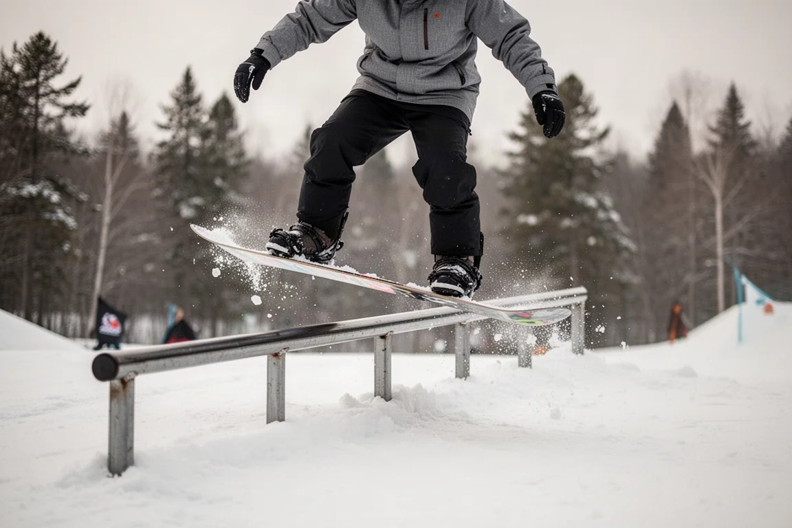 Snowboarder presionando el nose de la tabla sobre un rail del park