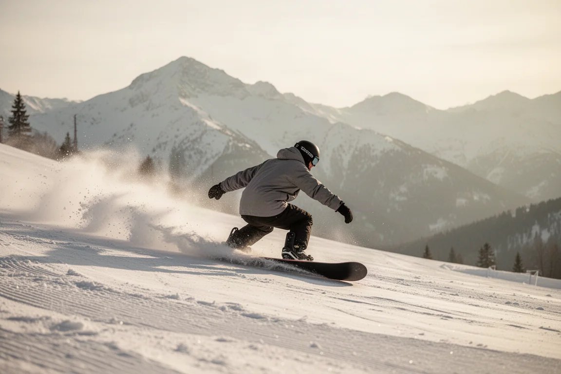 Snowboarder trazando un carve en el canto por una slope pisada dejando una línea limpia