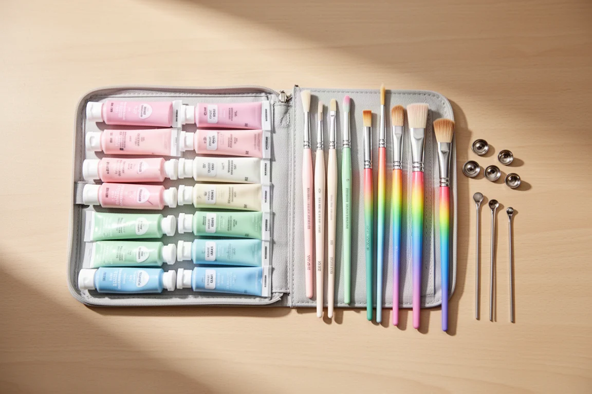 Open pastel paint kit with brushes and dotting tools arranged on a desk