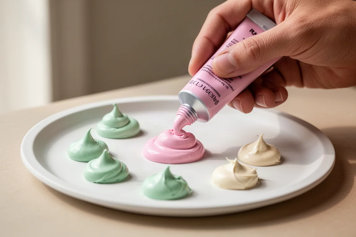 Artist squeezing pastel pink acrylic paint onto a mixing palette
