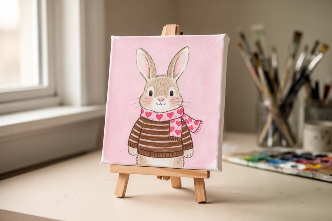 Cute pastel character painting on a canvas drying on an easel