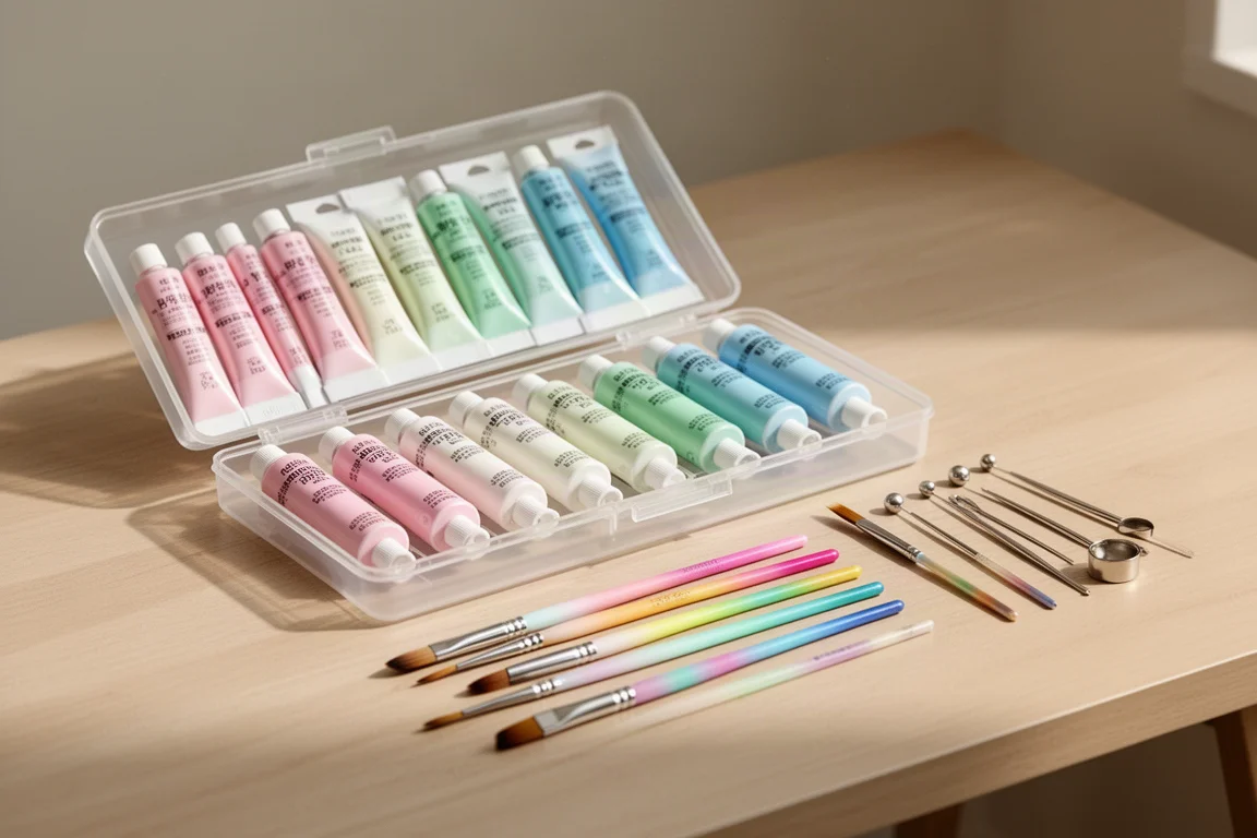Open pastel paint set with tubes, brushes and dotting tools on a wooden desk