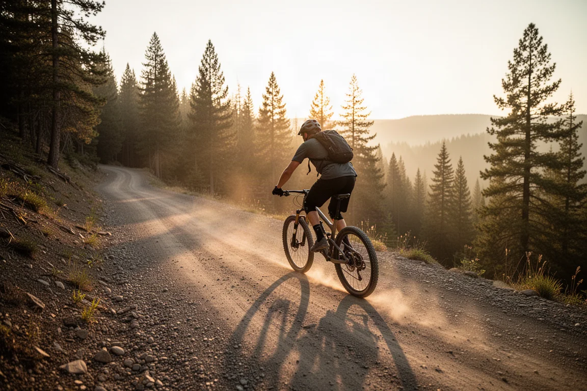 Mountain biker che sale su una ripida sterrata al tramonto