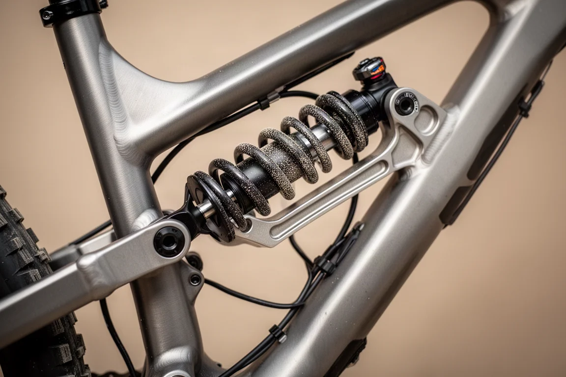 Primo piano di un ammortizzatore posteriore a molla e del linkage forgiato di una mountain bike