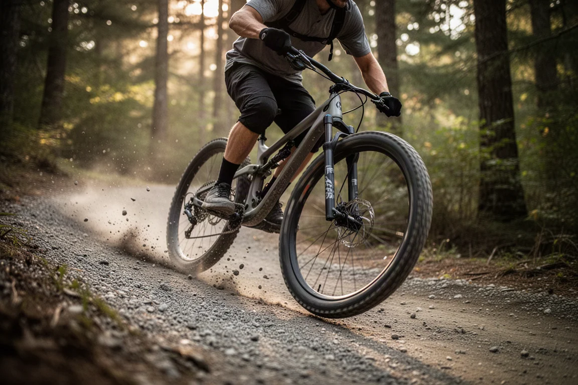 Mountain biker che curva forte su una sponda di ghiaia smossa