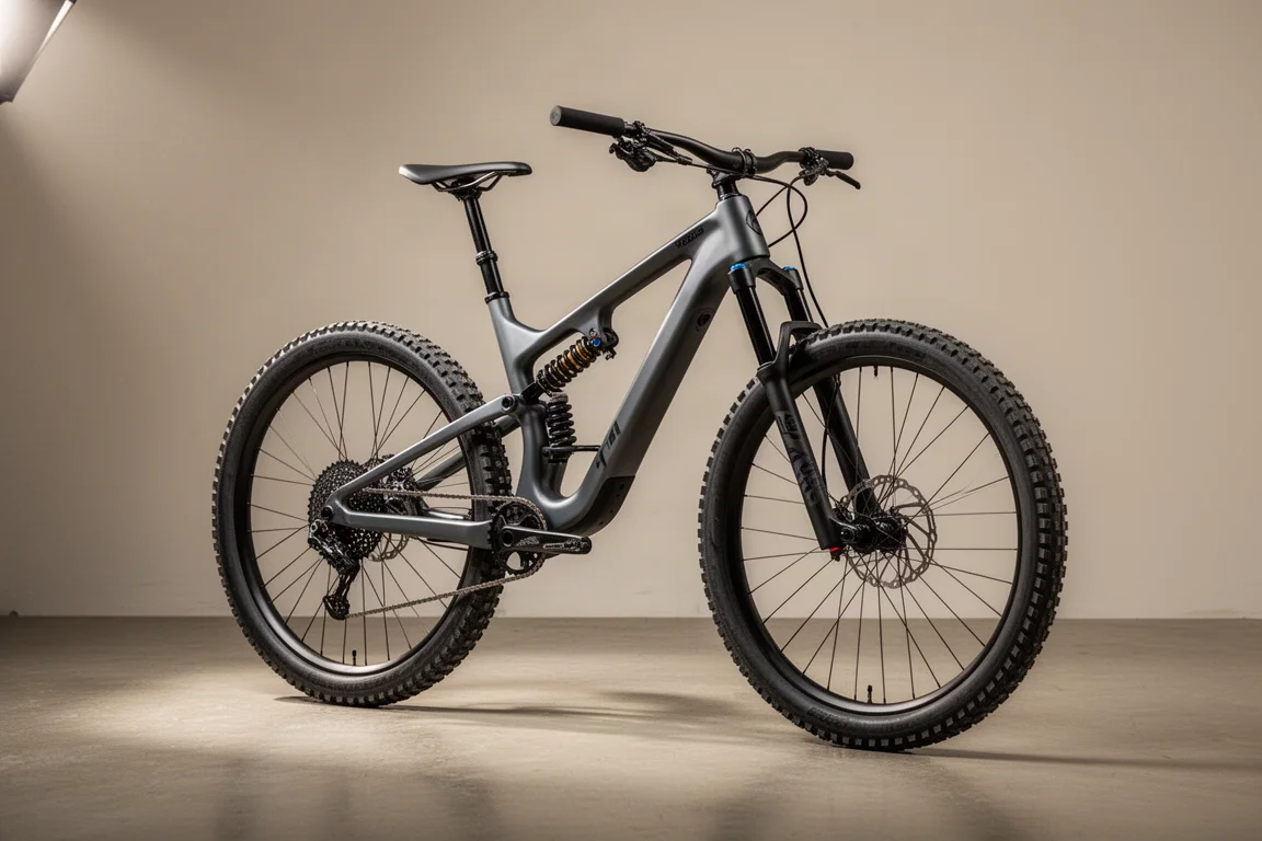 Aluminium enduro mountainbike met volledige vering op een matte betonvloer