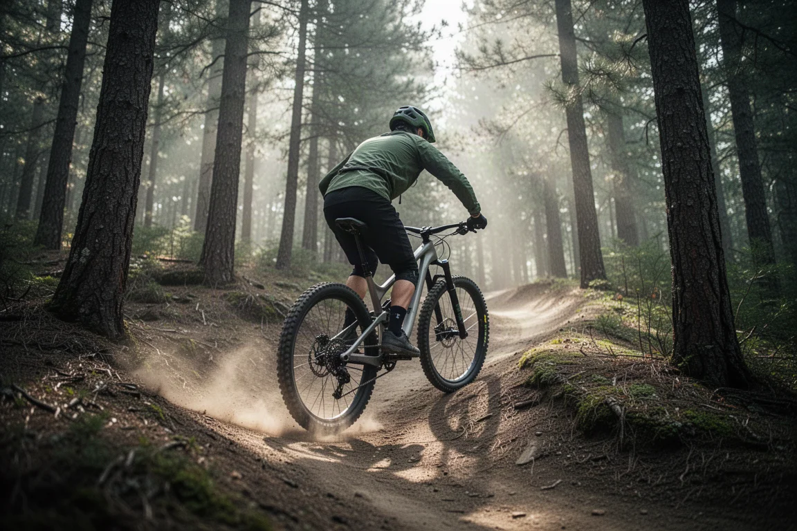 Ciclista de mountain bike subindo uma curva fechada na floresta em uma trail bike com suspensão total