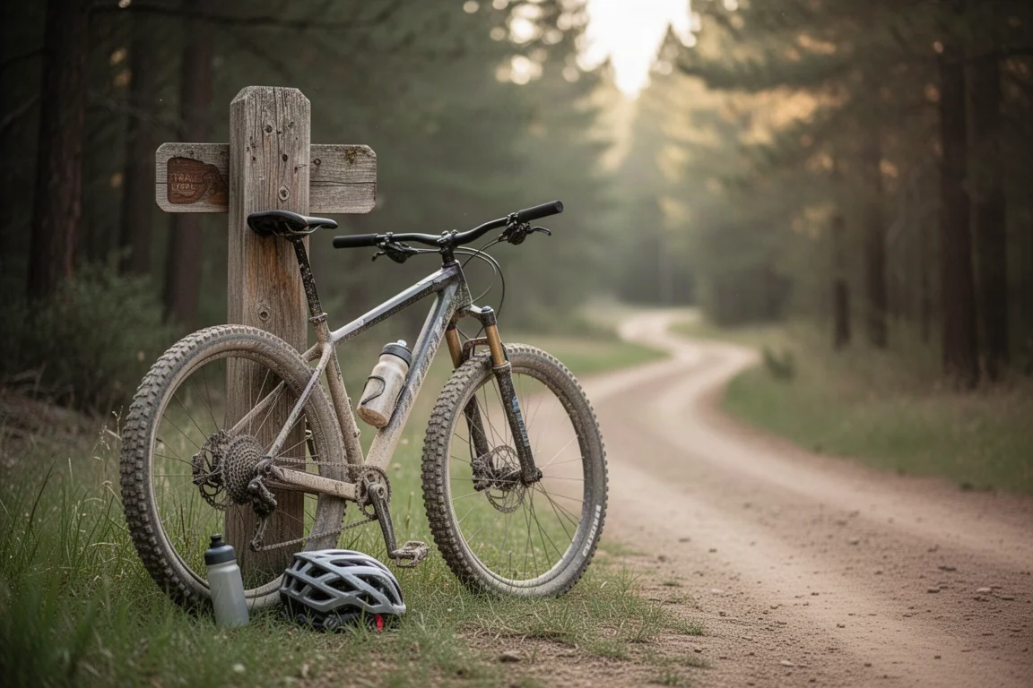 Mountain bike de trail empoeirada apoiada em uma placa de madeira na entrada da trilha com capacete ao lado