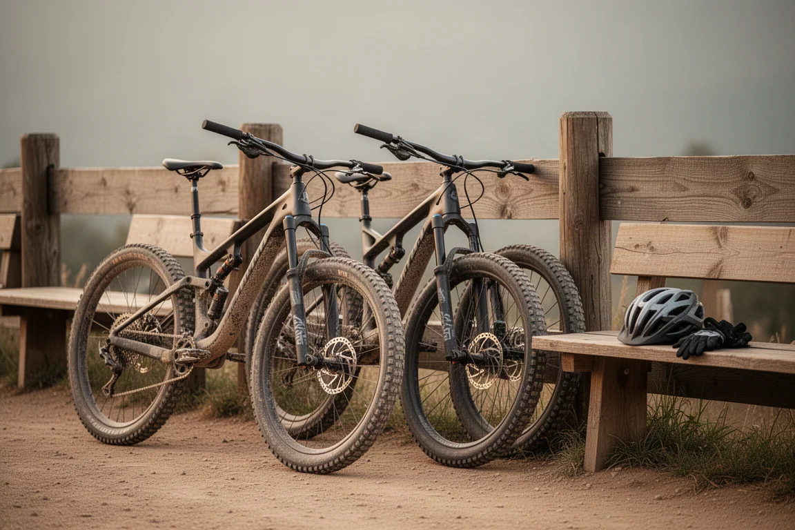 Duas mountain bikes apoiadas em uma cerca de madeira em um café à beira da trilha