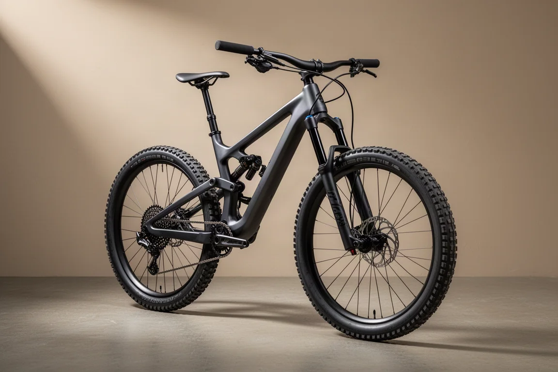 Full-suspension trail-mountainbike met mat antracietkleurig frame op een betonnen ondergrond