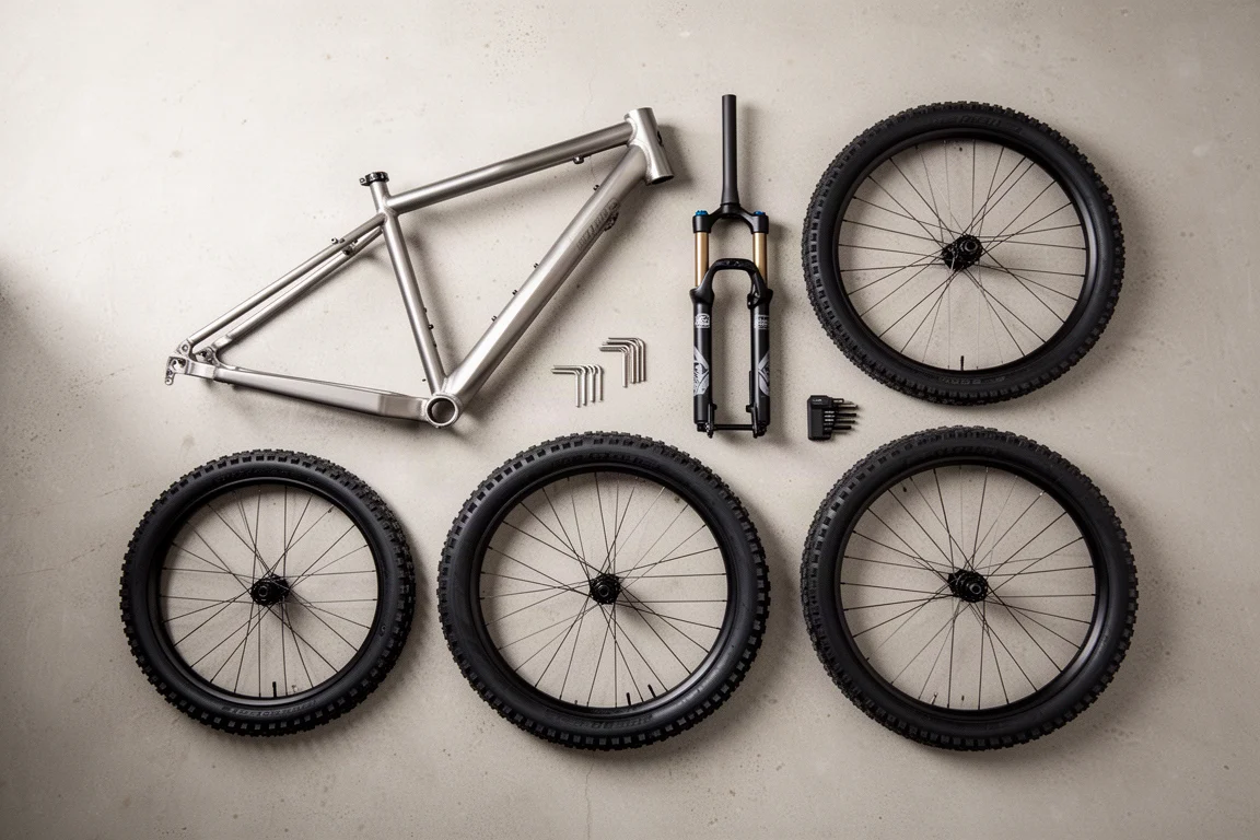 Bike frame, fork, rear shock, wheels and tires laid out on a concrete floor