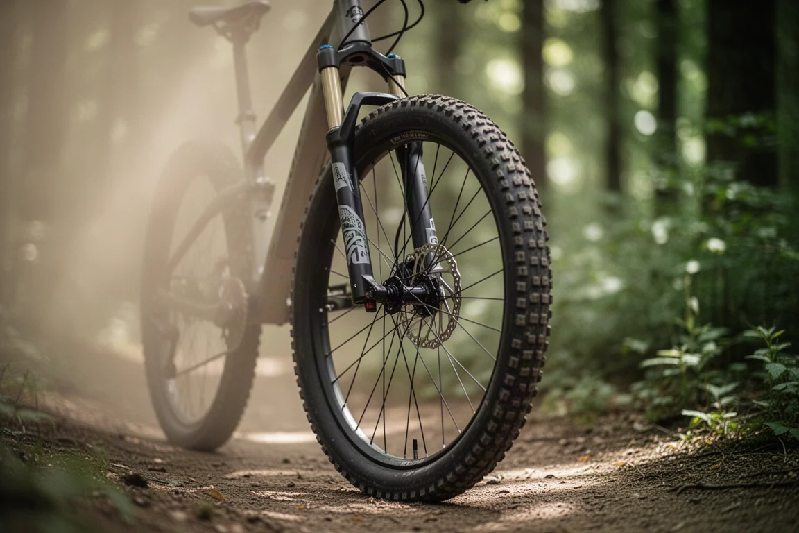 Front fork, brake caliper and knobby tire of a trail bike on a forest path