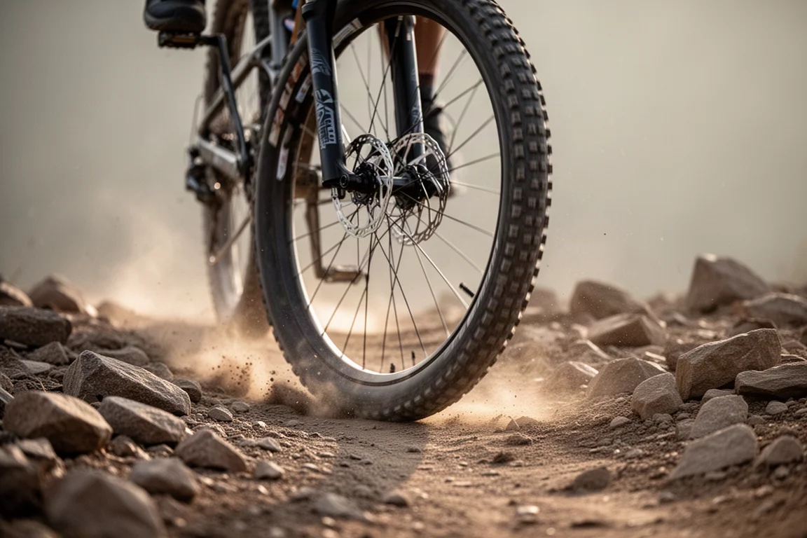 Mountain bike rear wheel rolling through a rocky trail section with dust
