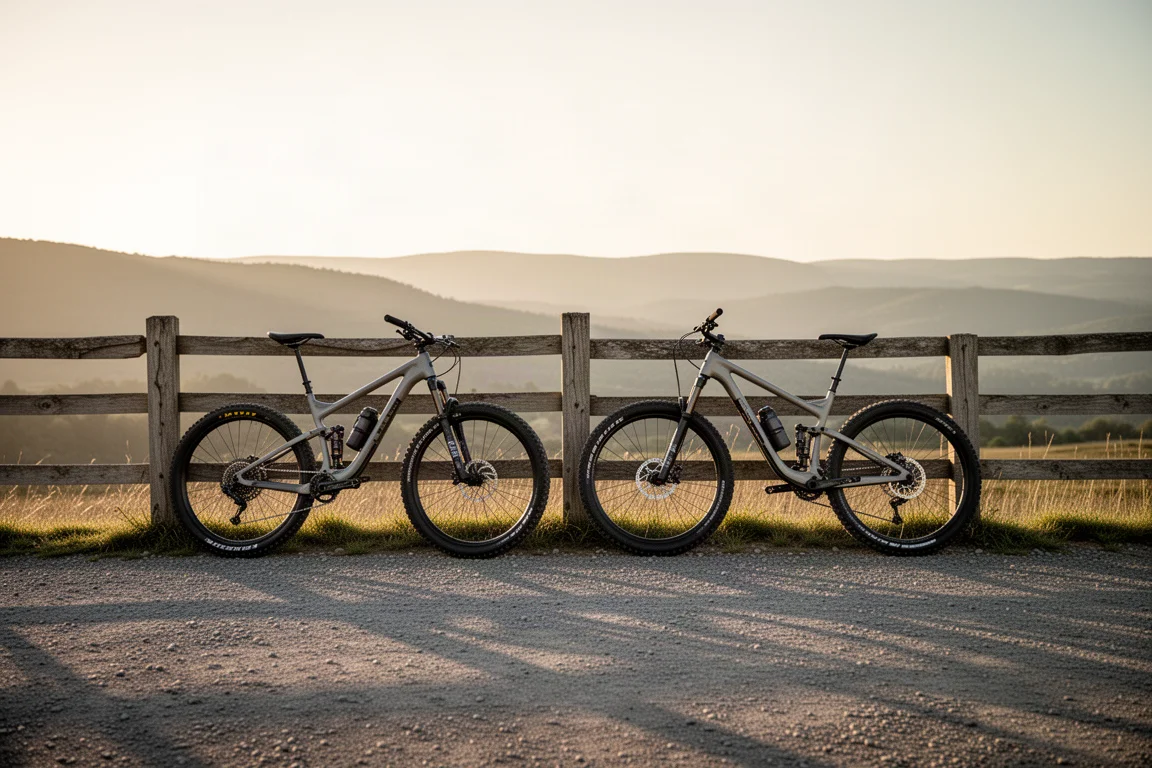 Two trail mountain bikes leaning on a fence at a trailhead in evening light