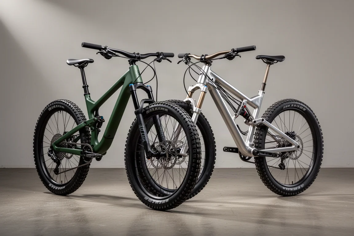 Twee volledig geveerde trail-mountainbikes naast elkaar op een betonnen studiovloer