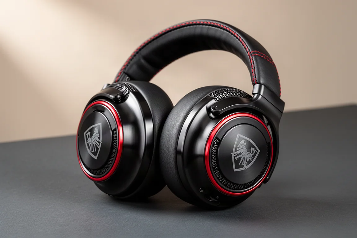 Black anodized aluminium over-ear headphones with red accent rings on a charcoal surface