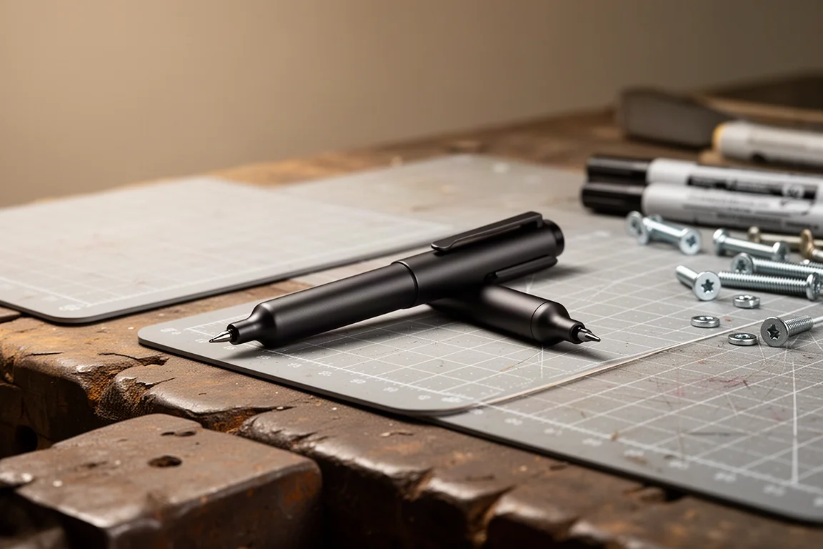 Matte black titanium pen lying on a workshop bench with marker tip extended