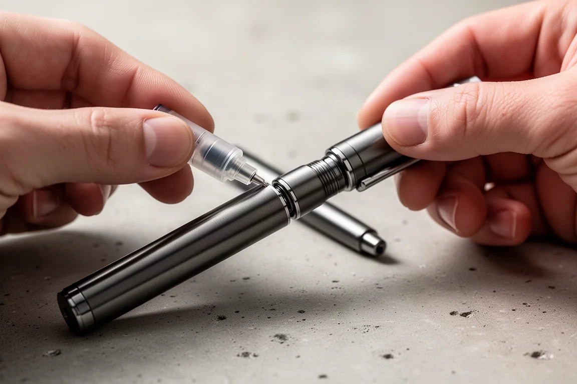 Sharpie cartridge being threaded into a precision-machined pen barrel