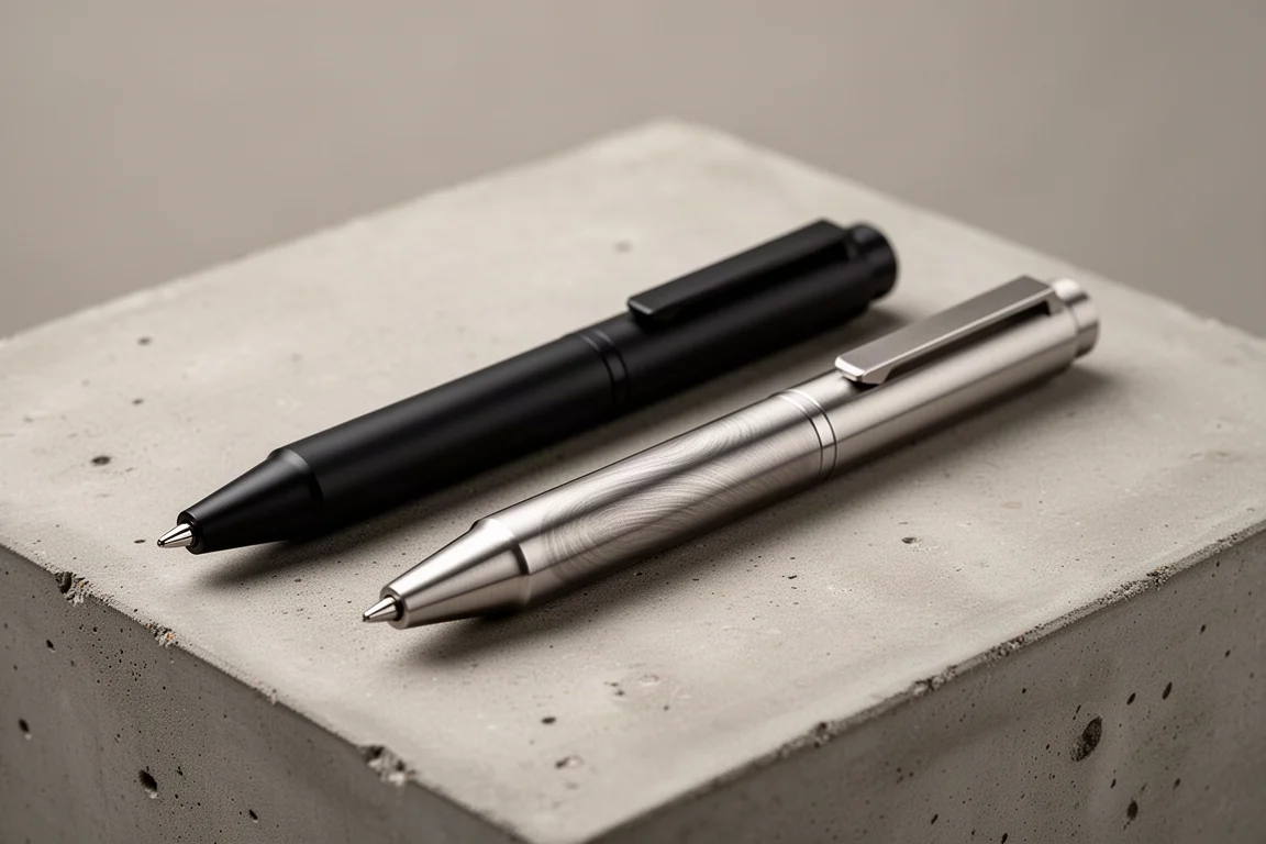 Two titanium pen finishes side by side, matte black and brushed titanium