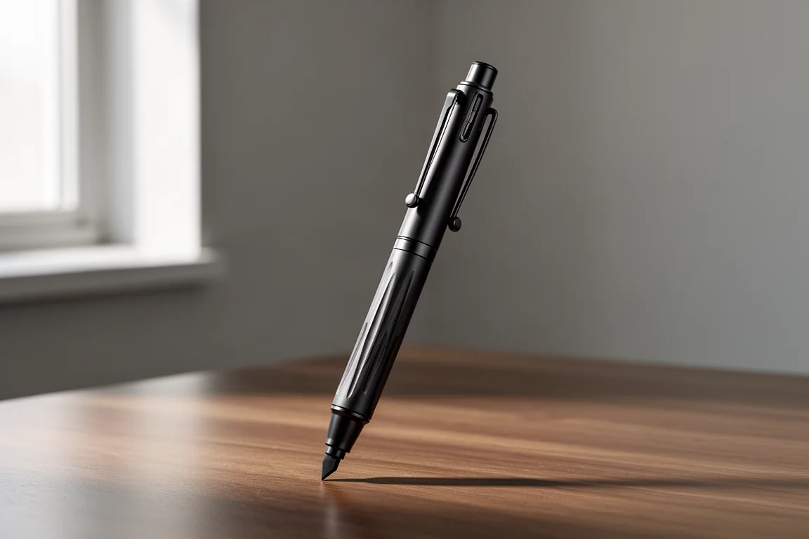 Matte black titanium pen standing upright on a wooden desk with marker tip extended