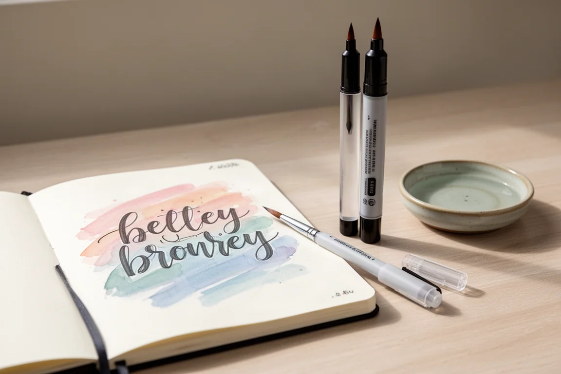 Brush lettering practice with a dual-tip brush marker on a desk