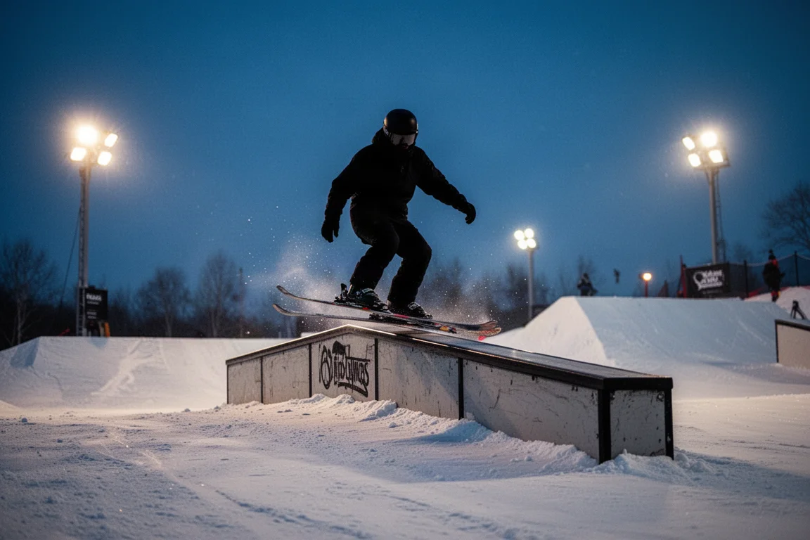 Fristilsåkare som slider ett rail i terrainparken under strålkastare i skymningen