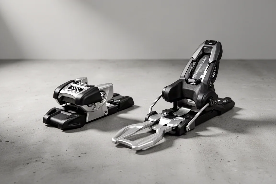 Two low-profile ski bindings on a matte concrete surface in soft studio light