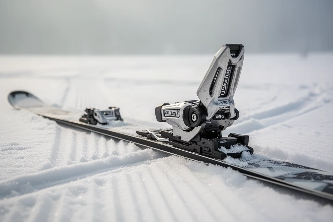 Nahaufnahme aus tiefem Blickwinkel einer auf einem Ski im frischen Schnee montierten Skibindung