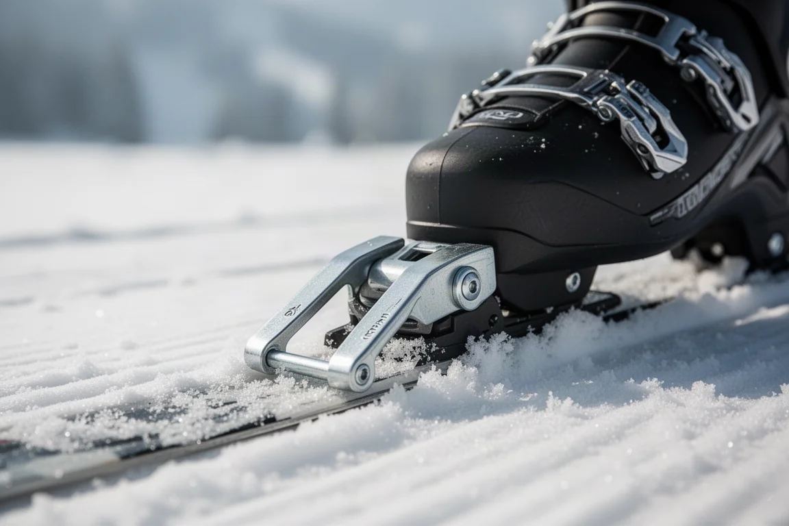 Nahaufnahme einer metallenen Bindungszwingere mit festgeklemmtem Skischuh auf einer präparierten Piste