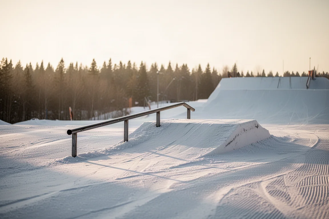 Rails und Sprunganlagen im Terrainpark auf einem verschneiten Hang in der goldenen Stunde