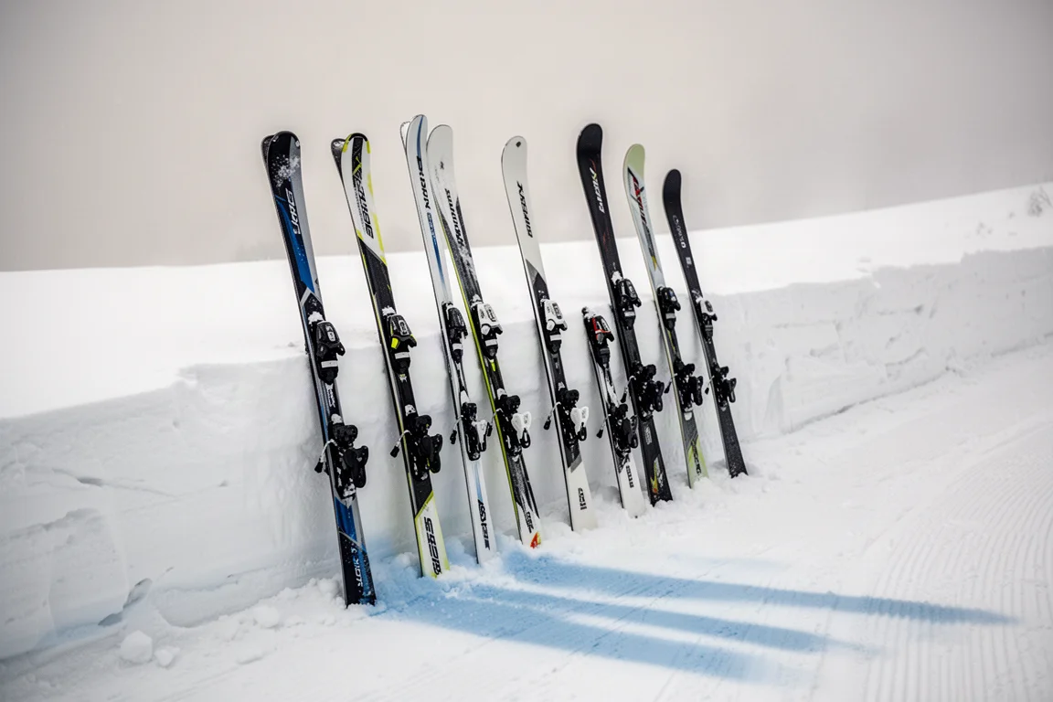 Reihe von Skiern verschiedener Breiten, die an einem Schneewald lehnen