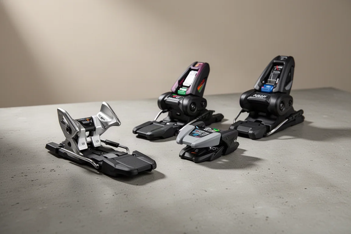 Three alpine ski bindings arranged in a row on a matte concrete surface
