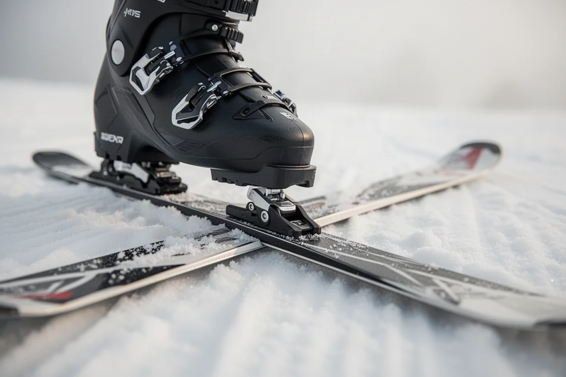 Skischoen vergrendeld in een binding met laag profiel op vaste sneeuw, met een kleine opening boven de ski