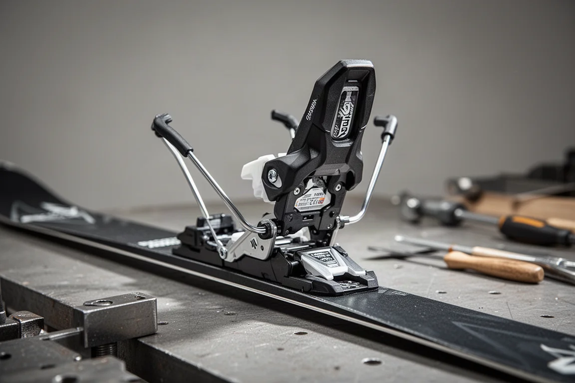 Close-up van het hielpiece van een skibinding met remarmen op een werkbank