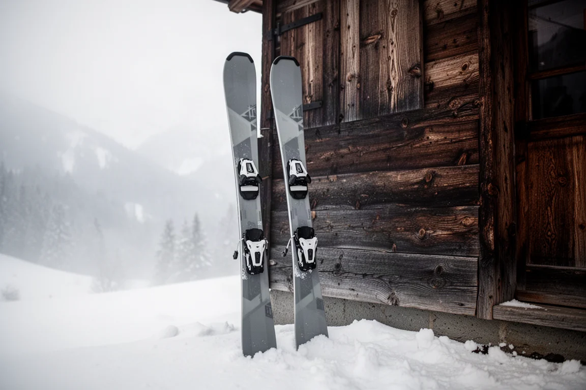 Paar freeride-ski's met bindingen leunend tegen een houten hutwand in de winter