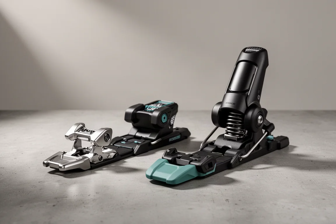 Two alpine ski bindings with different heel heights side by side on a concrete surface