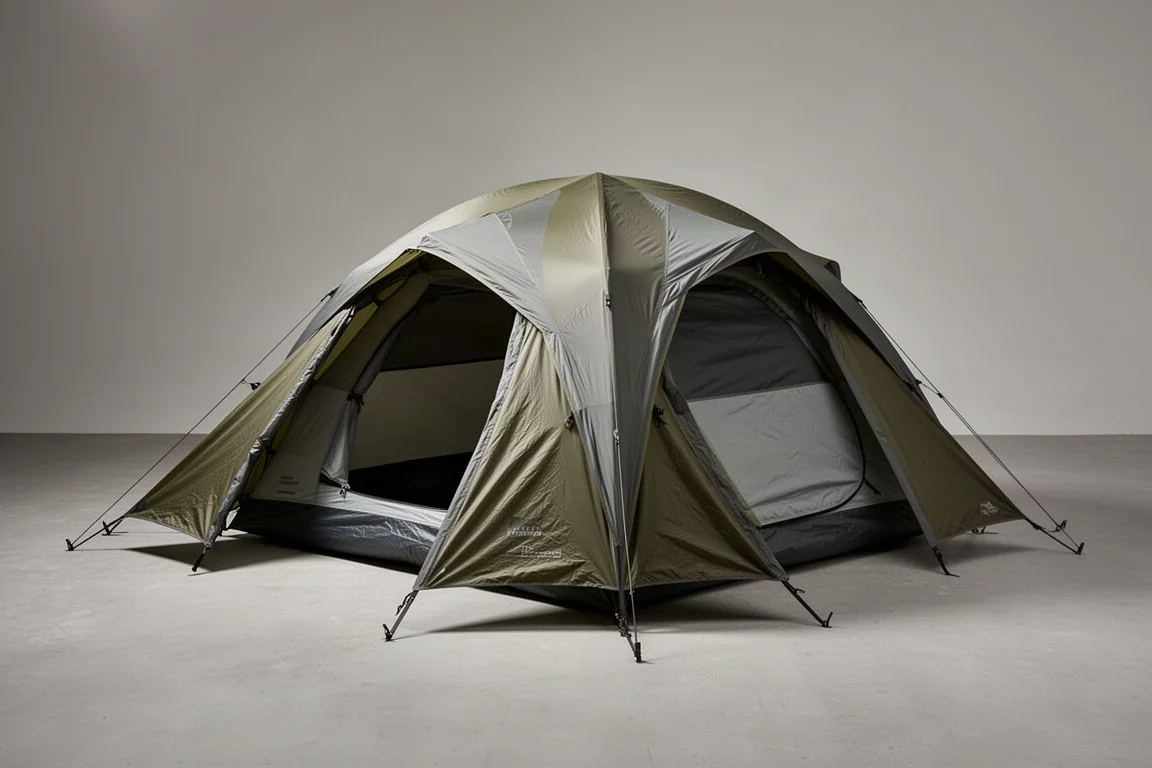 Two-person dome camping tent with full rainfly and two vestibules on a grey backdrop
