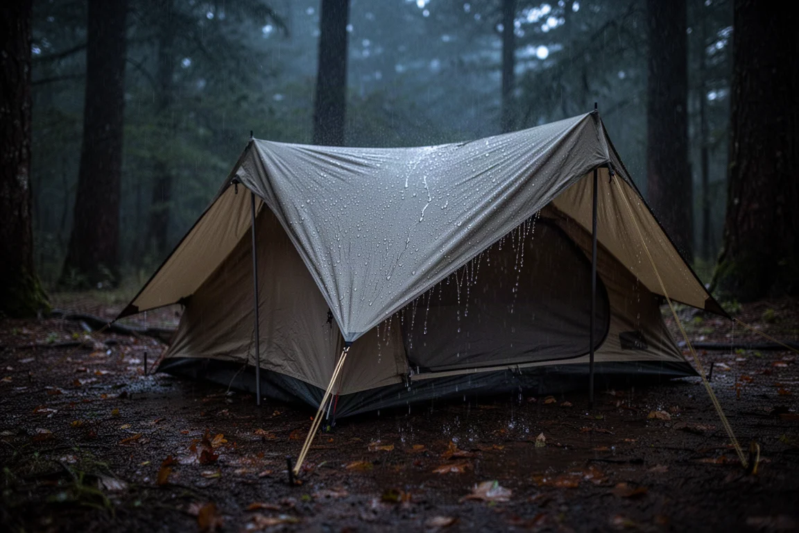 Regn som faller på ett uppspänt tält i en mörk skogscamping