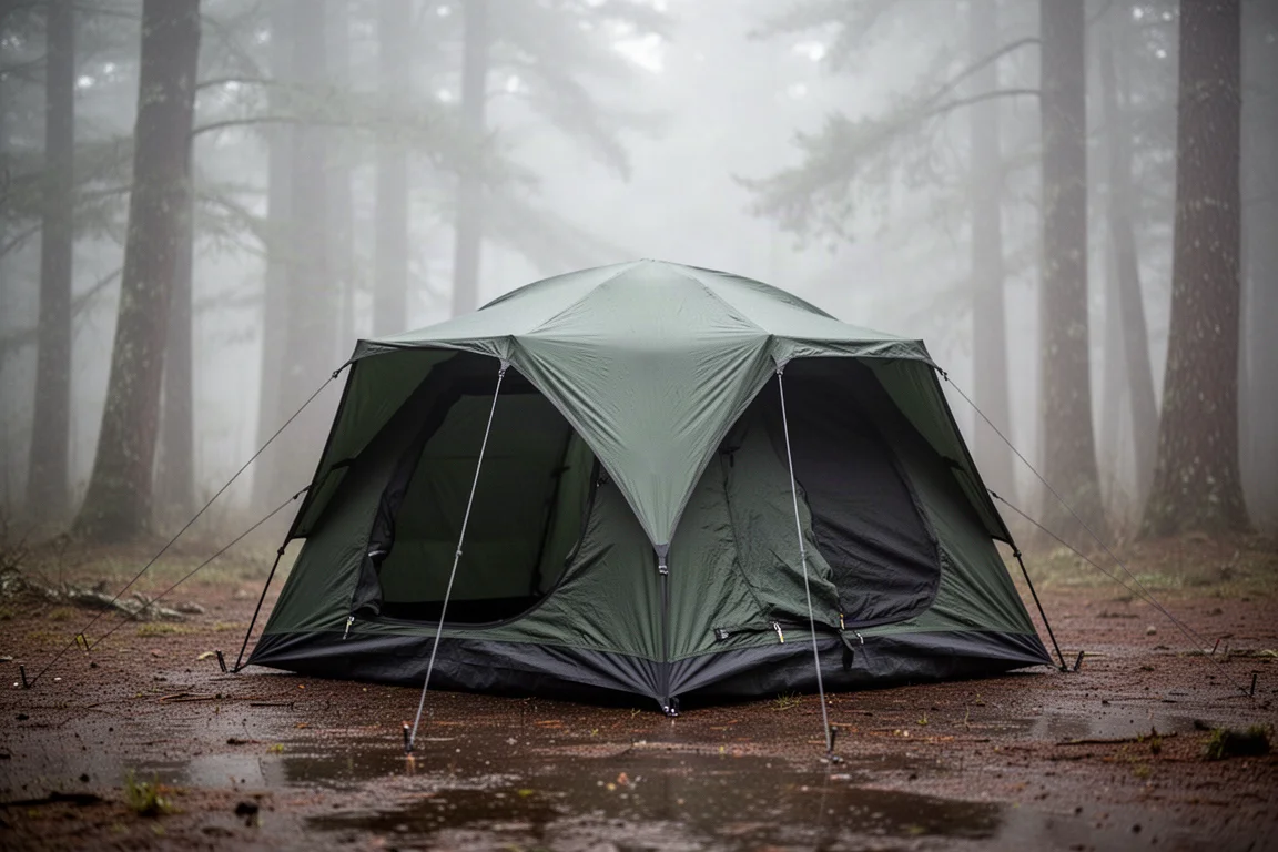 Camping tent with rainfly pitched in a misty forest clearing on damp ground