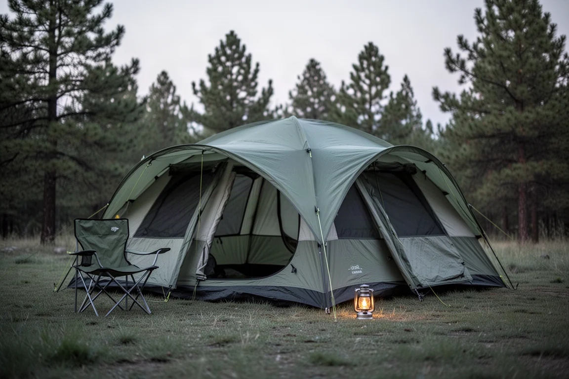 Tenda a cupola per quattro persone montata al crepuscolo su un campeggio erboso con i vestiboli aperti