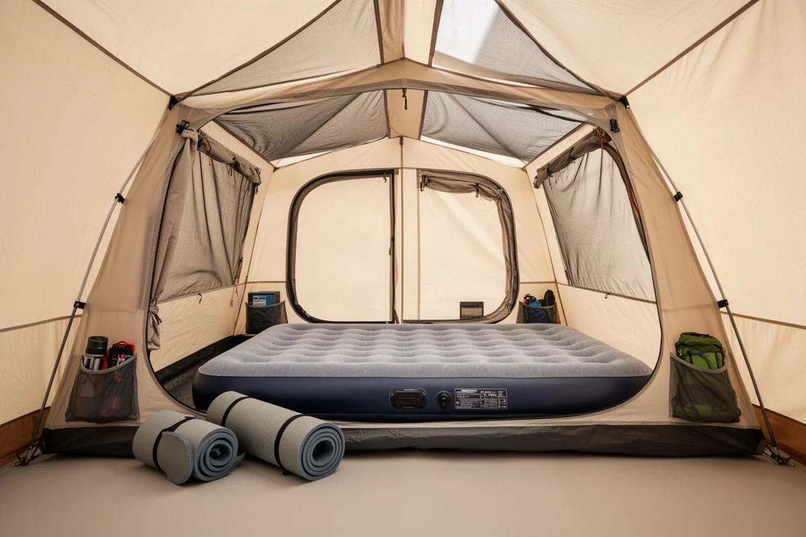 Interno di una spaziosa tenda per quattro persone con un materasso matrimoniale e le porte aperte