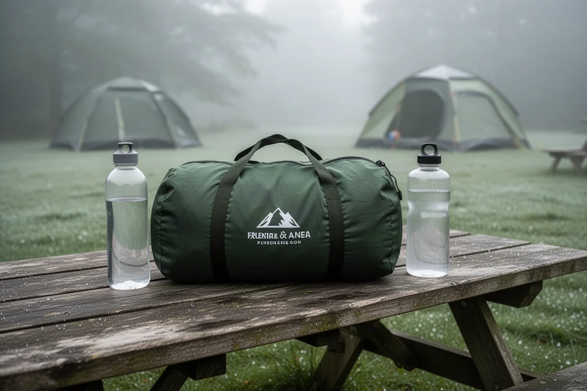 Tenda per quattro persone riposta nella sua sacca su un tavolo da picnic con una borraccia